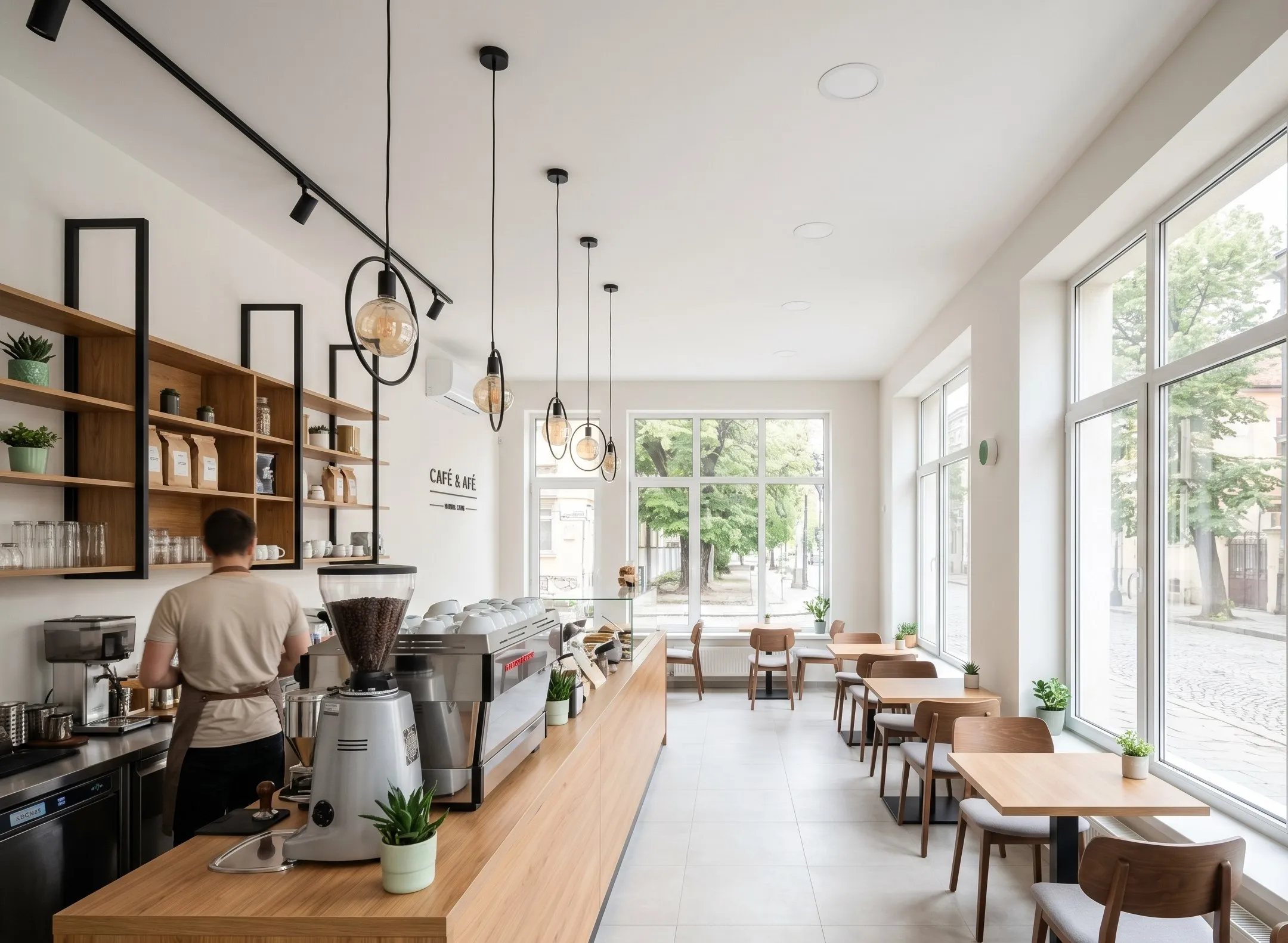 Finished café interior with a barista at an espresso bar, pendant lighting, and window seating