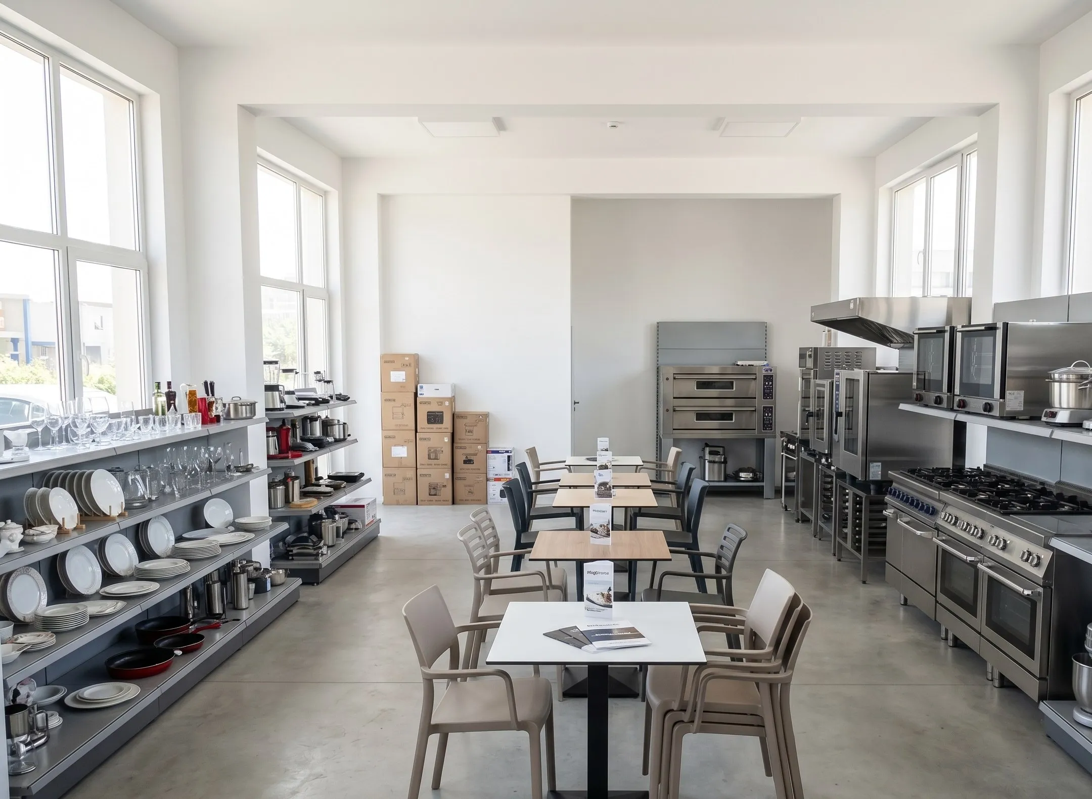 Bright HoReCa showroom with commercial ranges, tableware on open shelving, and dining furniture